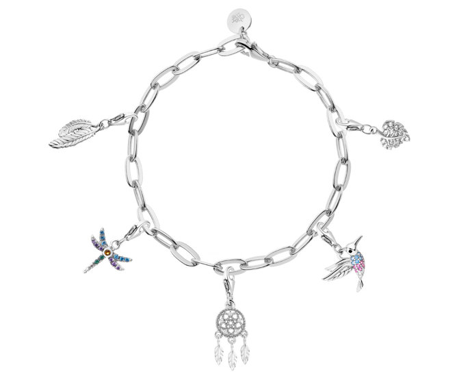 Stříbrný náramek charms - sada - pírko, vážka, lapač snů, kolibřík, list
