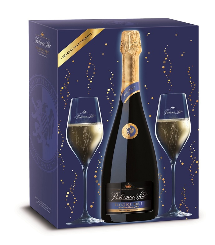 Šumivé víno Bohemia Sekt Prestige brut a dvě sklenice, 389 Kč
