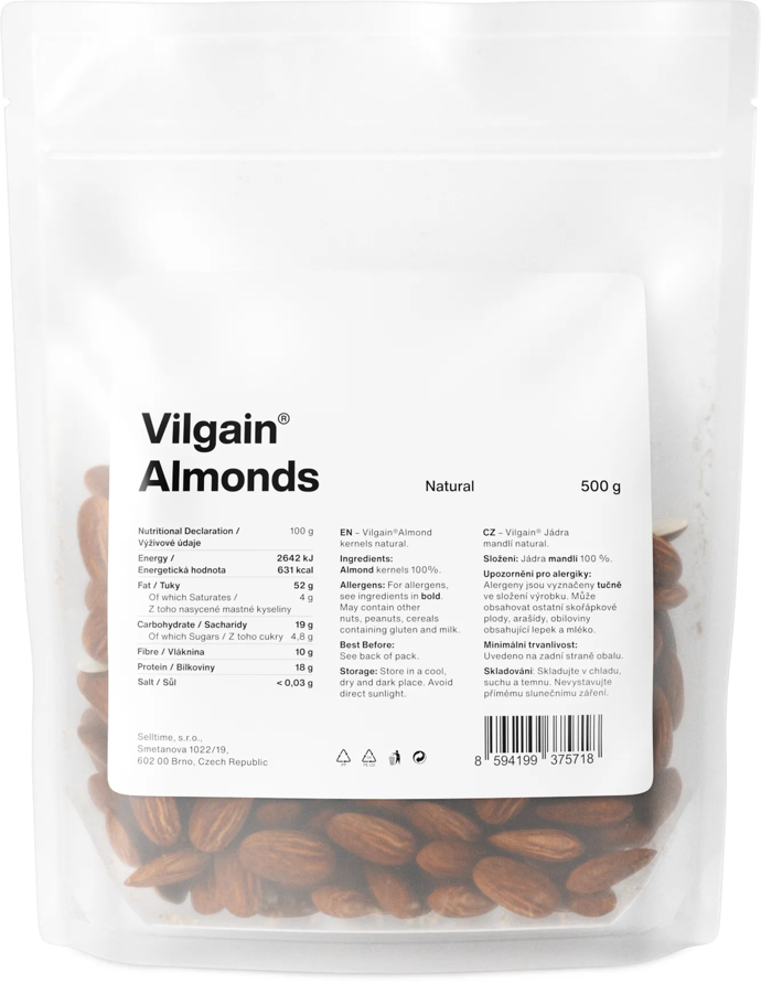 Vilgain Almonds natural ⁠–⁠ nepražené sladké mandle se slupkou ze Španělska jsou bohatým zdrojem nenasycených mastných kyselin. Bylo prokázáno, že nahrazení nasycených tuků ve stravě nenasycenými tuky snižuje hladinu cholesterolu v krvi. Cena: 179 Kč / 500 g
