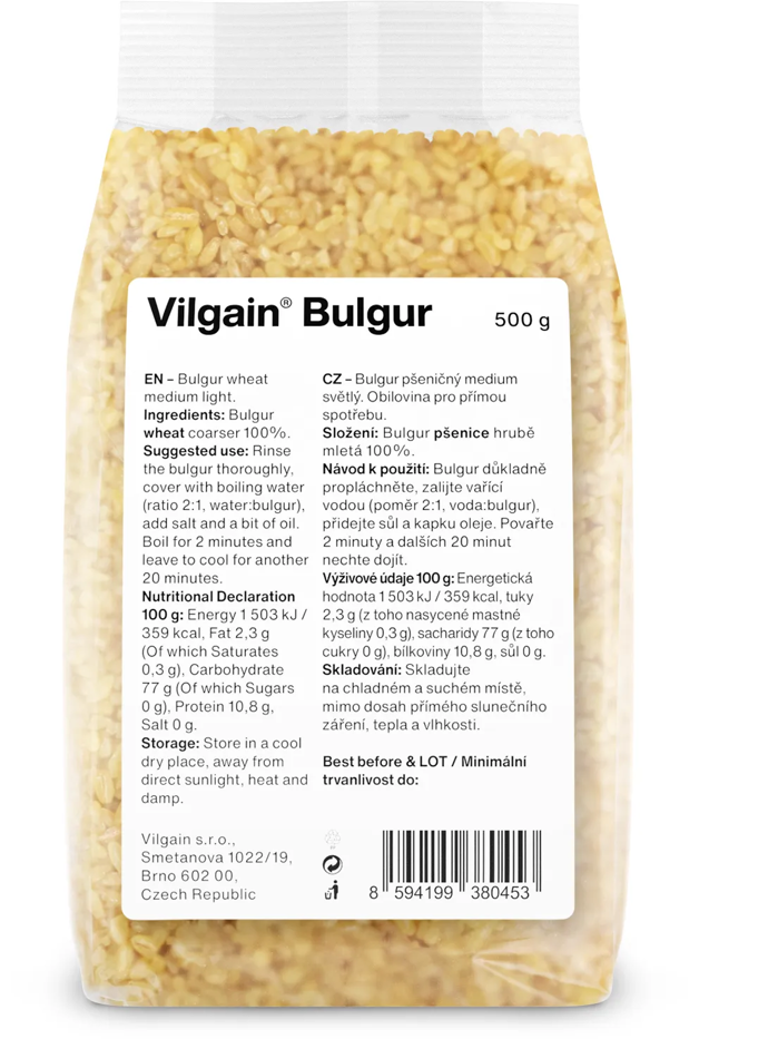 Vilgain Bulgur ⁠–⁠ snadno stravitelná obilovina s lehce oříškovou chutí s univerzálním využitím v kuchyni. Výhodou je lehká stravitelnost bez nadýmání. Cena: 39 Kč / 500 g
