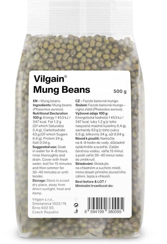 Vilgain Fazole mungo ⁠–⁠ malé fazolky s velkým přínosem pro tělo i kuchyň. Obsahují řadu cenných látek, zejména vlákniny, bílkovin, antioxidantů a minerálních látek (železo, vápník a draslík). Cena: 42 Kč / 500 g. 
