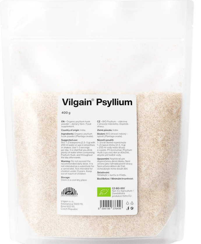Rozpustná vláknina Vilgain Psyllium BIO pro podporu správného fungování trávicí soustav. Pro správnou funkci psyllia je důležité, aby byl zároveň dodržován pitný režim.Cena: 229 Kč / 400 g. 
