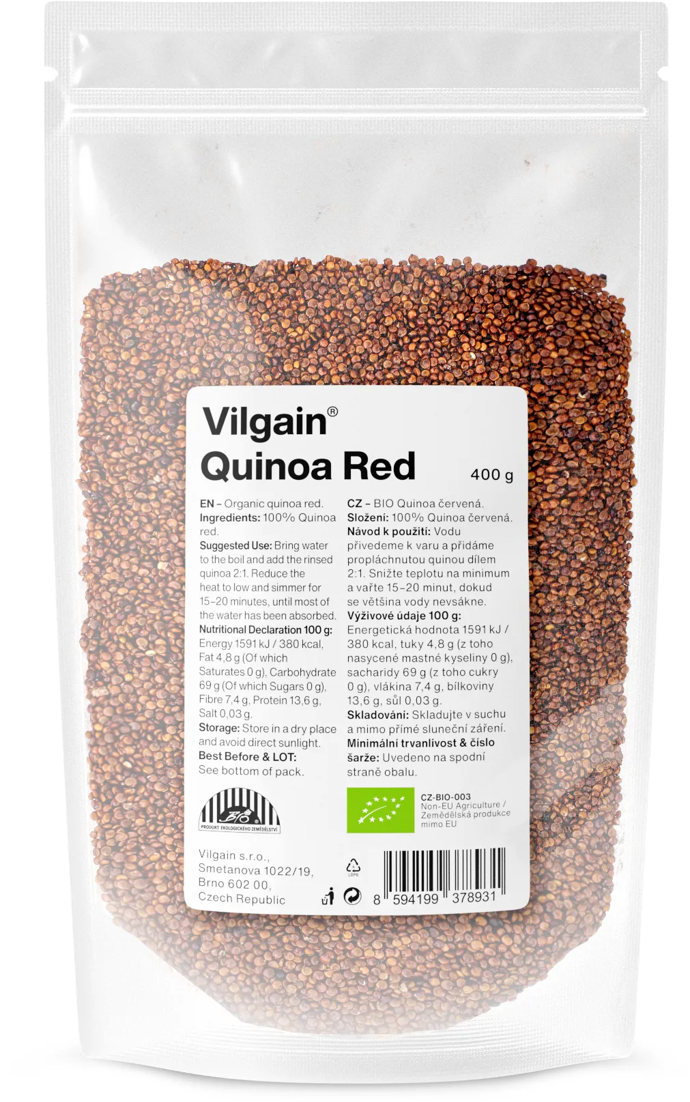 Vilgain Quinoa červená - křupavá bezlepková příloha s vysokým obsahem vlákniny je lehce stravitelná a má nízký glykemický index, takže zasytí na delší dobu. Obsahuje také slušnou porci bílkovin se zastoupením všech esenciálních aminokyselin, které se z rostlinných zdrojů řadí k těm nejkvalitnějším.Cena: 85 Kč / 400 g. 
