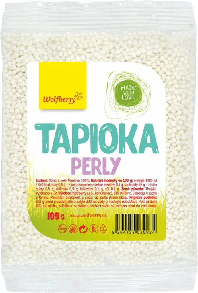 Tapiokové perličky se vyrábí z bílé dužiny hlíz manioku jedlého.Tapioka je zdrojem komplexních sacharidů s nízkým obsahem cholesterolu a bez obsahu tuku.
Tapiokové perličky se vyrábí z bílé dužiny hlíz manioku jedlého.Tapioka je zdrojem komplexních sacharidů s nízkým obsahem cholesterolu a bez obsahu tuku.
