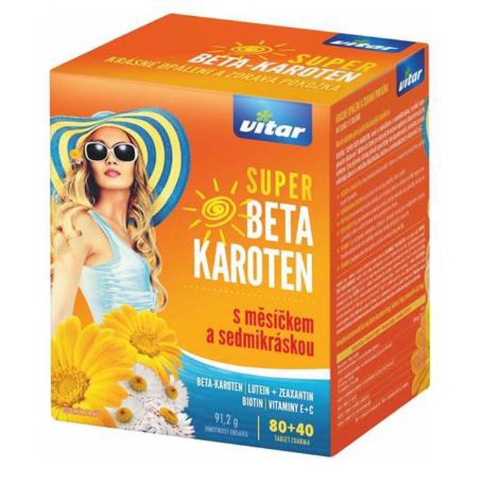 Vitar Super Betakaroten s měsíčkem a sedmikráskou (Vitar, 209 Kč) je doplněk stravy se specifickým mixem karotenoidů, extraktu ze sedmikrásky obecné a měsíčku lékařského, biotinu a antioxidačních vitaminů E a C. Zajistí ochranu před oxidativním stresem. Pomáhá odstraňovat volné radikály, ochraňují buňky před jejich poškozením a tím i stárnutím. 
