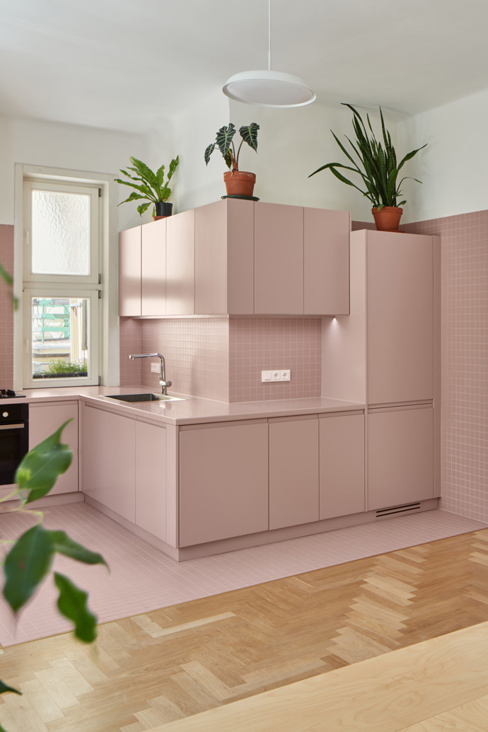 Materiálově něžné, ale prostorově nekompromisní řešení zásadně zvýšilo obytné kvality stísněného bytu v žižkovském přízemí. Základní princip kompletní rekonstrukce spočíval ve vytvoření velkorysého obytného prostoru, který vznikl na půdorysu původní kuchyně, jídelny a ložnice.
