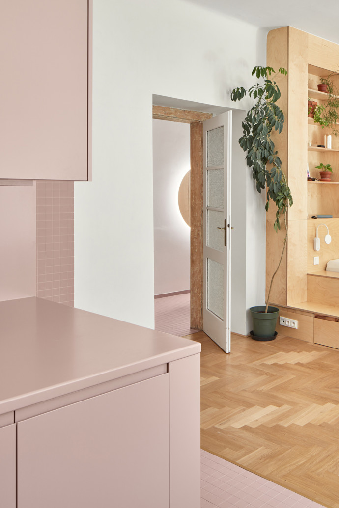 Materiálově něžné, ale prostorově nekompromisní řešení zásadně zvýšilo obytné kvality stísněného bytu v žižkovském přízemí. Základní princip kompletní rekonstrukce spočíval ve vytvoření velkorysého obytného prostoru, který vznikl na půdorysu původní kuchyně, jídelny a ložnice.
