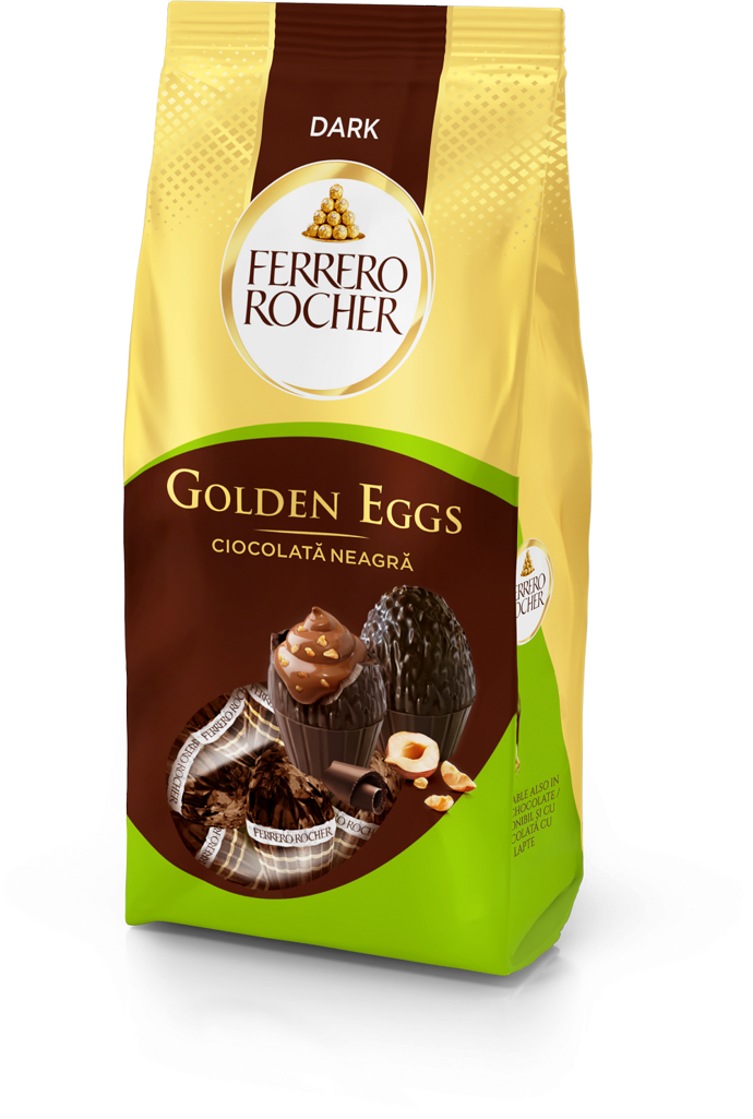 Zlatá minivajíčka Ferrero Rocher Golden Eggs ukrývají pod skořápkou lahodnou náplň s lískovými oříšky.
