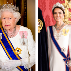 Třířadý diamantový náhrdelník

Princezna z Walesu na sobě zároveň měla třířadý diamantový náhrdelník, který dostala královna Alžběta II. jako dárek od svého otce. Ten nebyl vidět, když na sobě měla plášť Královského viktoriánského řádu, ale je vidět například zde na přiblíženém oficiáním portrétu z korunovace (celý portrét je na další fotce).
