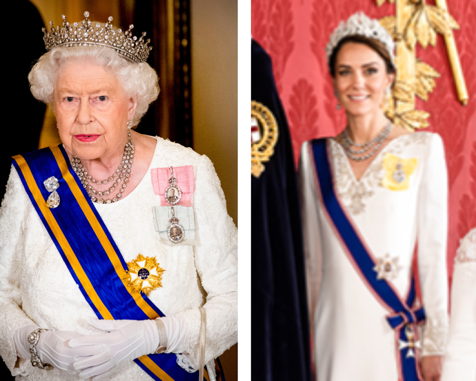 Třířadý diamantový náhrdelník

Princezna z Walesu na sobě zároveň měla třířadý diamantový náhrdelník, který dostala královna Alžběta II. jako dárek od svého otce. Ten nebyl vidět, když na sobě měla plášť Královského viktoriánského řádu, ale je vidět například zde na přiblíženém oficiáním portrétu z korunovace (celý portrét je na další fotce).

