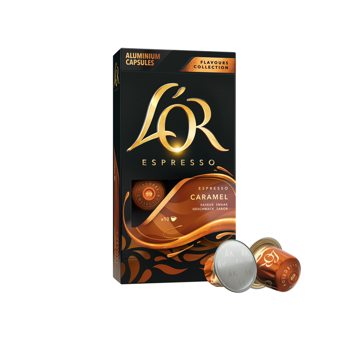 Kávové kapsle pro Nespresso kávovary, L´OR Espresso Caramel, doporučená cena 119,90 Kč.

