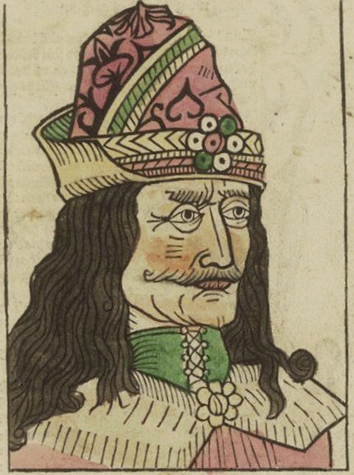 Vlad III. Dracula vyobrazený na dřevorytu titulní strany pamfletu publikovaného v roce 1488 v Norimberku.
Vlad III. Dracula vyobrazený na dřevorytu titulní strany pamfletu publikovaného v roce 1488 v Norimberku.