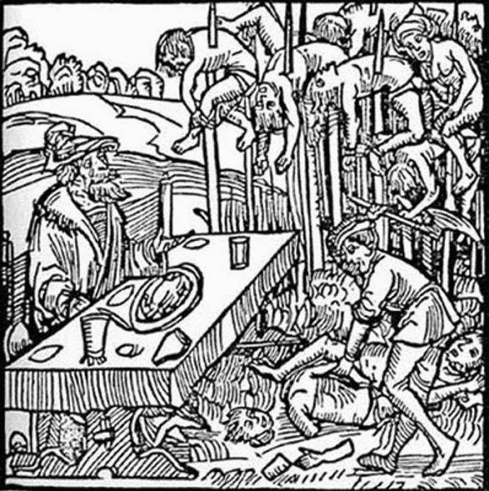 Německý dřevoryt z roku 1499 vyobrazuje Vlada III. a na kůly nabodané oběti kolem něj.
Německý dřevoryt z roku 1499 vyobrazuje Vlada III. a na kůly nabodané oběti kolem něj.