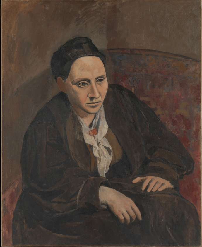 Gertrude Stein, významná spisovatelka a sběratelka umění, kterou Picasso namaloval v roce 1906.
Gertrude Stein, významná spisovatelka a sběratelka umění, kterou Picasso namaloval v roce 1906.