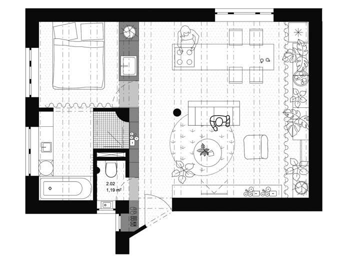 Pro manažera Andreje a školitelku Kristinu  s jejich malým Jakubem byla finální podoba bytu překvapením. S architekty společně probrali své požadavky na funkční uspořádání a jinak jim nechali volnou ruku. Přáli si mít samostatnou ložnici, dostatek úložného prostoru a komfortní hygienické zázemí.
