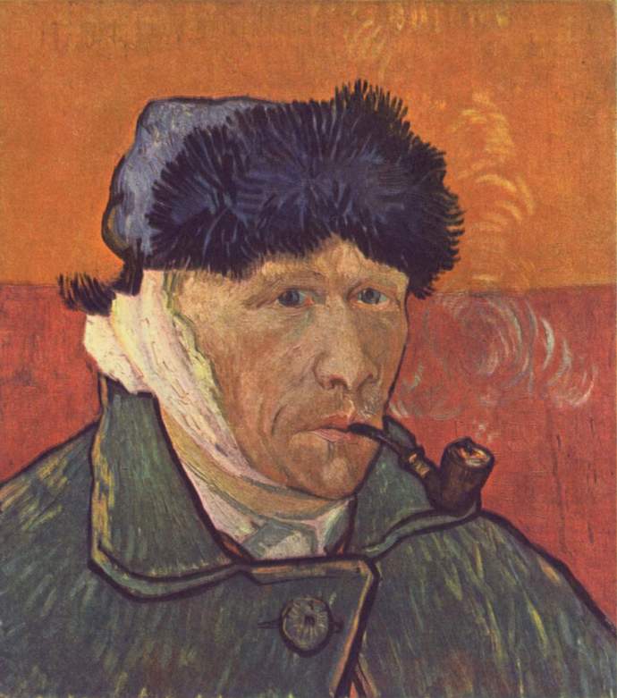 Van Gogh s obvázaným uchem potom, co si uříznul lalůček.

