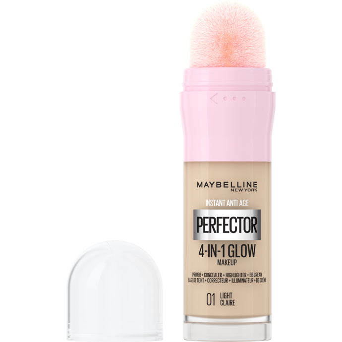 Rozjasňující make-up Instant Perfector 4-in-1 Glow obsahuje bázi, korektor, rozjasňovač a BB krém v jednom. Dokonale vyhlazuje texturu pokožky, kryje nedokonalosti, rozjasní a sjednotí pleť. 
