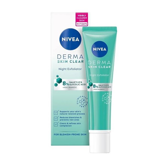 NIVEA Derma Skin Clear noční exfoliační pleťový peeling podporuje přirozený proces obnovy pleti. Vysoce koncentrované složení obsahuje 8% AHA/BHA (kyselinu salicylovou & glykolovou) a niacinamid.

Cena: 169 Kč
