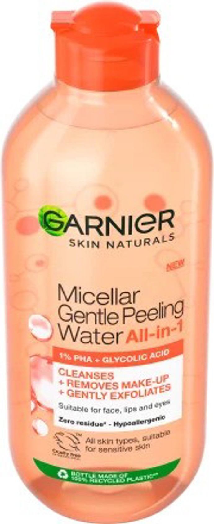 Garnier Skin Naturals micelární voda s peelingovým účinkem v jednom pro exfoliaci, odstranění make-upu a zjemnění struktury pleti. 1% PHA, kyselina glykolová a enzym z papáji zanechávají pleť sjednocenější, hladší a obnovují její povrch.

Cena: 179 Kč
