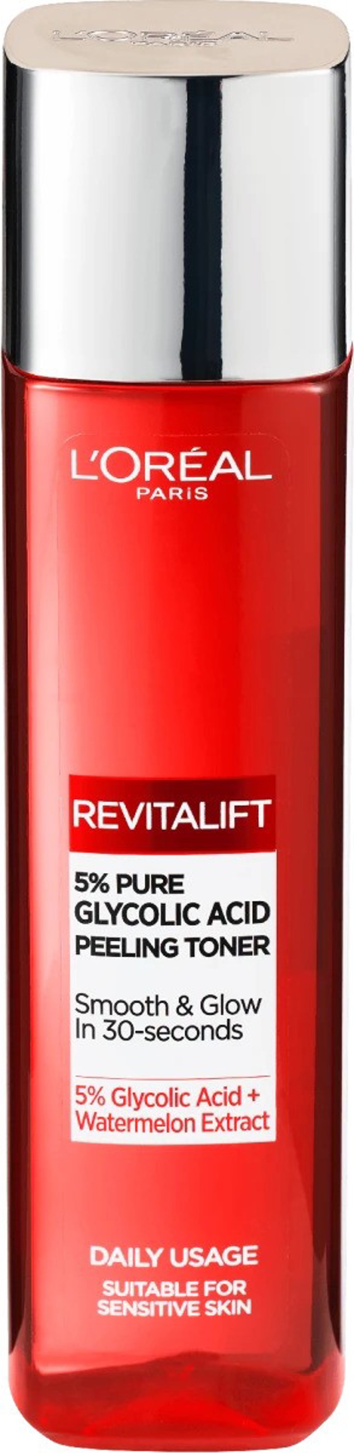 L'ORÉAL PARIS Revitalift peeling toner redukuje nedokonalosti, pleť je hladší a rozzářená během 30 sekund. Složení je obohaceno o exfoliační kyseliny a pečující ingredience. Kyselina glykolová – exfoliuje pleť, odstraňuje odumřelé buňky.

Cena: 329 Kč
