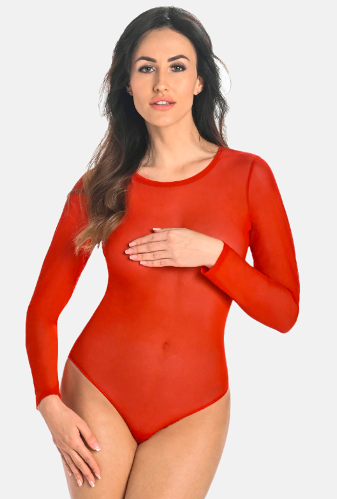 Červené, žerzejové, průsvitné body od značky Teyli, přibližná cena 995 Kč. 

