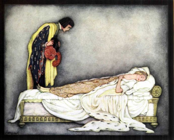 Šípková Růženka vlastně vůbec není romantický příběh. Původní verze se jmenuje Slunce, Měsíc a Talia a začátek s prokletím princezny, píchnutím do prstu a usnutím, který známe, je stejný, ovšem (již ženatý) princ, když spatřil spící krásku, ji neprobudil polibkem, nýbrž ji znásilnil, oplodnil a odjel. Růženka ve spánku porodí dvě děti a za pomoci víl je kojí. Jedno z miminek jí tak vycucne jed z těla a ona se probudí. Princ se pro ni pak vrátí, protože na ni nemůže přestat myslet. S její záchranou však nemá přímo nic společného.
