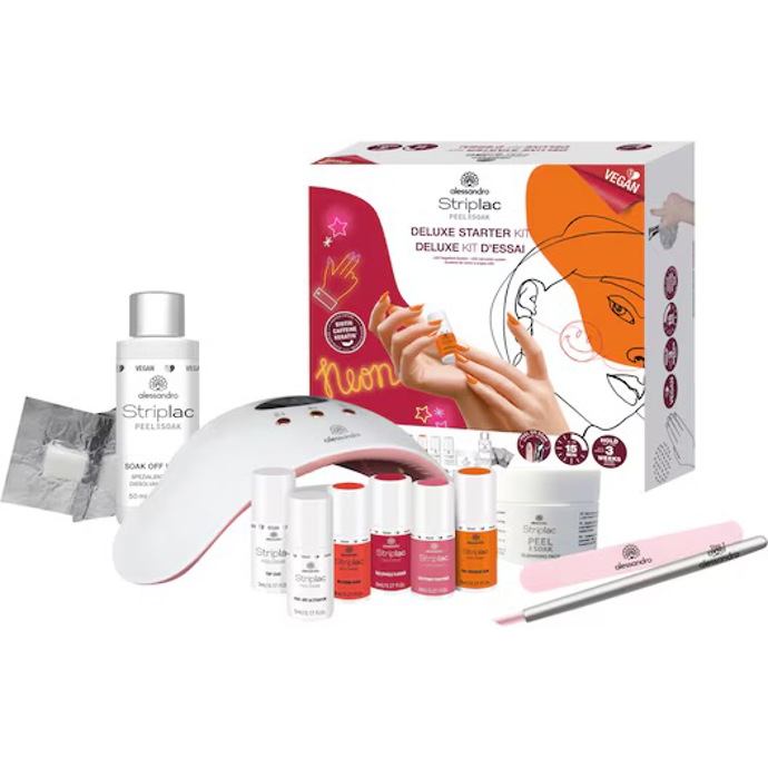 Sada Striplac Peel or Soak DELUXE STARTER KIT (Alessandro, 2479 Kč) obsahuje všechny produkty, které potřebujete pro manikúru Striplac, a umožňuje vám rychlou a snadnou aplikaci doma.
