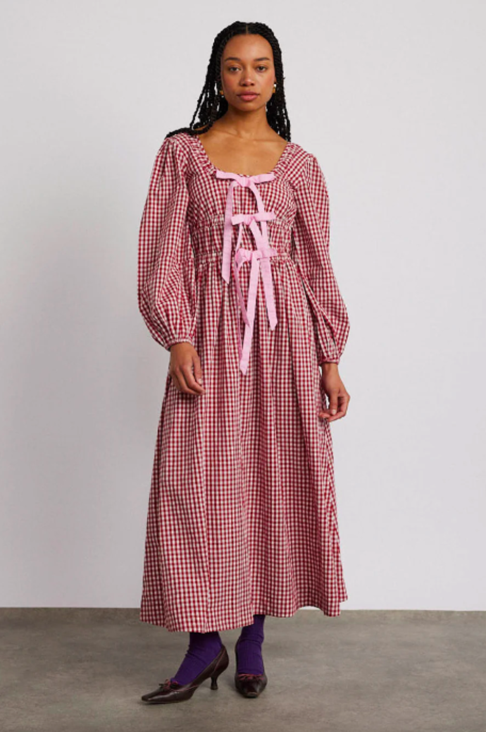 Maxi šaty s mašlemi, Damson Madder, 120 gbp
