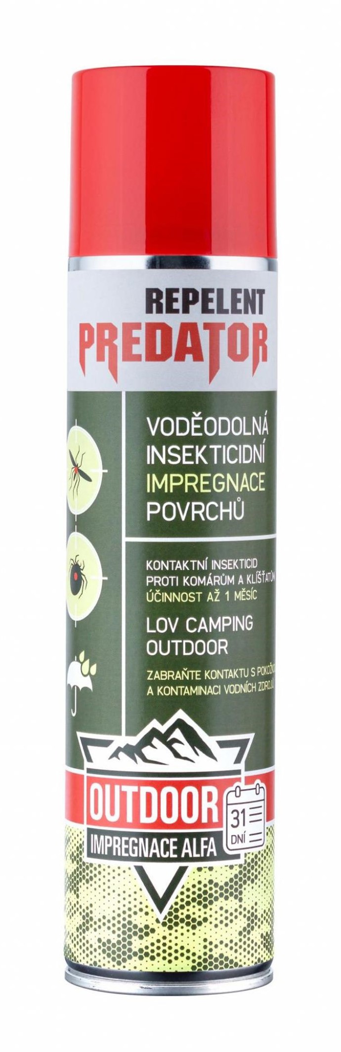Kontaktní voděodolný sprej Outdoor na hubení hmyzu s impregnací, která zabraňuje přístupu hmyzu na tělo. Poskytuje ochranu až 1 měsíc po důkladném ošetření povrchu textilie, oděvu, obuvi, stanu, spacích vaků, moskytiér, závěsů, záclon, apod. Je primárně určen proti klíšťatům a všem druhům komárů ve všech zeměpisných oblastech. 284 Kč
