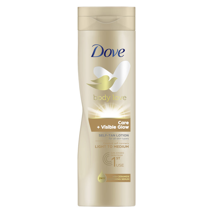 Samoopalovací tělové mléko, Dove Body Love Care & Visible Glow, 181,90 Kč.
