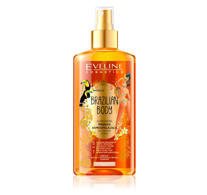 Brazilian Bodybronzující samoopalovací sprej pro přirozený vzhled, značka Eveline Cosmetics, přibližná cena 148 Kč. 
