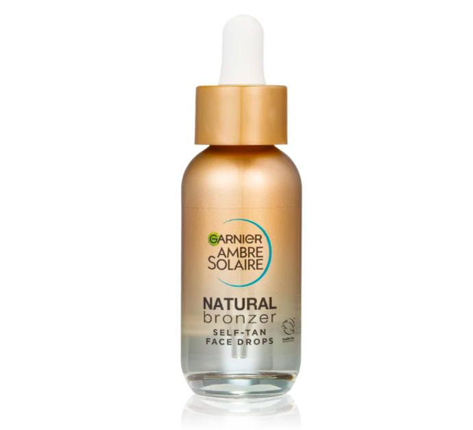 Ambre Solaire Natural Bronzersamoopalovací kapky na obličej, značka Garnier, přibližná cena 350 Kč. 
