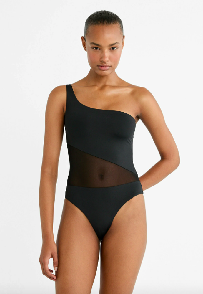 ASYMMETRIC WITH TRANSPARENT DETAIL - Plavky, značka Stradivarius, přibližná cena 599 Kč. 
