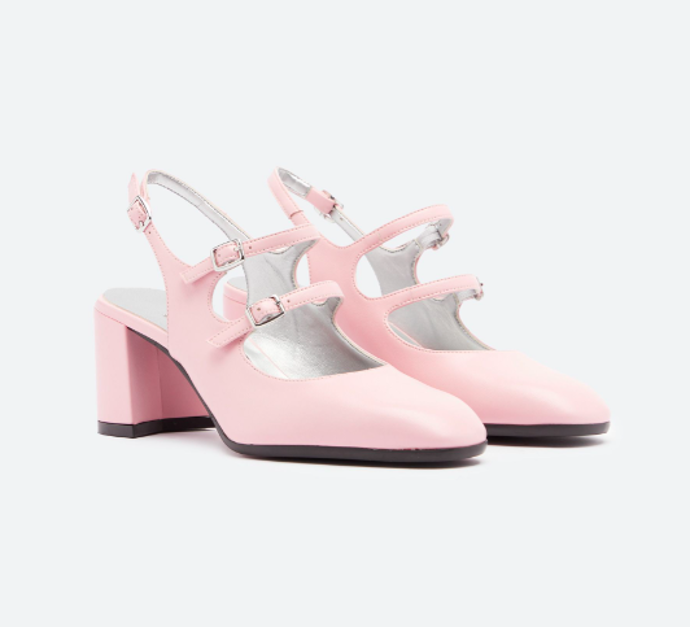 BANANA Pink appleskin slingback Mary Janes, značka Carel Paris, přibližná cena 11200 Kč. 
