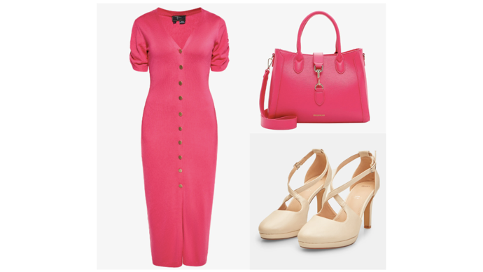 Růžový outfit á la Charlotte.

Pletené šaty, faina, 3031 Kč. 
SHOPPER BENITA - Kabelka, Emily & Noah, 1399 Kč. 
Klasické lodičky, Bata, 1599 Kč. 
