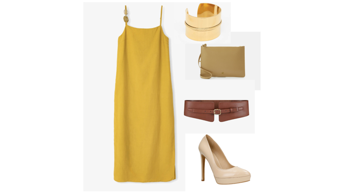 Krásně sladěný outfit á la Miranda. 

REGULAR FIT MIDI WITH MIXED ACCESSORIES - Ipekyol, Denní šaty, 4250 Kč. 
NOA - Pásek, Victoria Hyde, 1499 Kč. 
Lodičky na vysokém podpatku, Wojas, 2999 Kč. 
AYA PURSE - PSANÍČKO, BY MALENE BIRGER, 3840 Kč. 
Náramek, Answear Lab, 859 Kč. 
 
