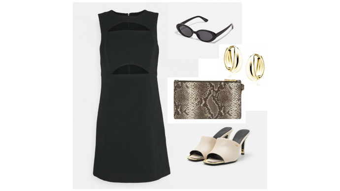 Sexy outfit á la Samantha.

CUTOUT MINI DRESS - Koktejlové šaty / šaty na párty, MICHAEL Michael Kors, 5400 Kč. 
BRONX - Pantofle na podpatku, DKNY, 3360 Kč. 
Sluneční brýle, Even&Odd, 360 Kč. 
GIFTS GIFT - Peněženka, Fossil, 2089 Kč. 
Pozlacené náušnice LYDIA, SYLVIENE, 1190 Kč. 
