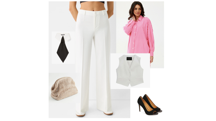 Úžasně trendy outfit á la Carrie. 

WIDE-LEG TAILORED - Kalhoty, Bershka, 699 Kč. 
OLIVIA - Košile, Roco Fashion, 985 Kč. 
Vesta, Massimo Dutti, 1895 Kč. 
Dámská kravata, KARL LAGERFELD, 2699 Kč. 
AUDE - Lodičky s otevřenou špičkou, Kazar, 3490 Kč. 
REGULAR FIT - Psaníčko, Next, 1090 Kč. 
