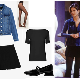 Džínová bunda, Next, 1240 Kč.
VMPANDA - Jednoduché tričko, Vero Moda, 360 Kč. 
BOX - Áčková sukně, Stradivarius, 549 Kč. 
MARY JANE-STYLE - Klasické lodičky, PULL&BEAR, 799 Kč. 
