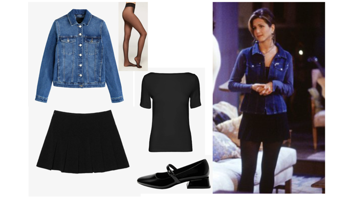 Džínová bunda, Next, 1240 Kč.
VMPANDA - Jednoduché tričko, Vero Moda, 360 Kč. 
BOX - Áčková sukně, Stradivarius, 549 Kč. 
MARY JANE-STYLE - Klasické lodičky, PULL&BEAR, 799 Kč. 
