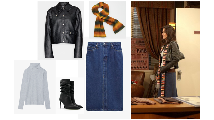 SHORT JACKET - Bunda z umělé kůže, Calvin Klein, 5470 Kč. 
Kostkovaná šála, Reserved, 349 Kč. 
Top s dlouhým rukávem, Even&Odd, 460 Kč. 
SOLEIL - Pouzdrová sukně, Mango, 799 Kč. 
SLOUCHY - Kotníkové boty, Bershka, 999 Kč
