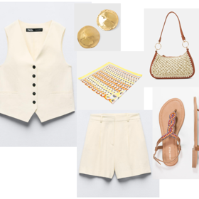 Krásný a elegantní outfit na letní dovolenou, který je zároveň vzdušný a pohodlný. Lněný set s vestičkou je velice trendy a dá se skvěle doplnit barevným saténovým šátkem uvázaný na hlavě a velkými zlatými náušnicemi. Menší proutěná kabelka a sandálky s kamínky pak ještě víc podpoří boho dojem. 
