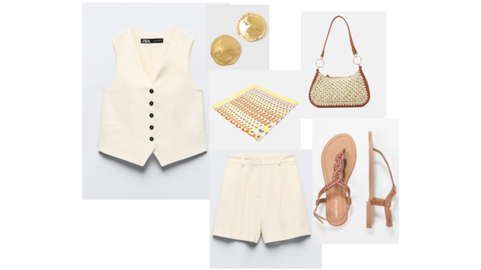 Krásný a elegantní outfit na letní dovolenou, který je zároveň vzdušný a pohodlný. Lněný set s vestičkou je velice trendy a dá se skvěle doplnit barevným saténovým šátkem uvázaný na hlavě a velkými zlatými náušnicemi. Menší proutěná kabelka a sandálky s kamínky pak ještě víc podpoří boho dojem. 
