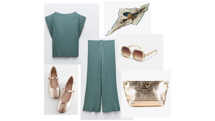 Stylový, elegantní, pohodlný a vzdušný outfit laděný do dvou příjemných odstínů. Krásný komplet dolaďte elegantním šátkem, a zlatými doplňky dodáte outfitu luxus. 
