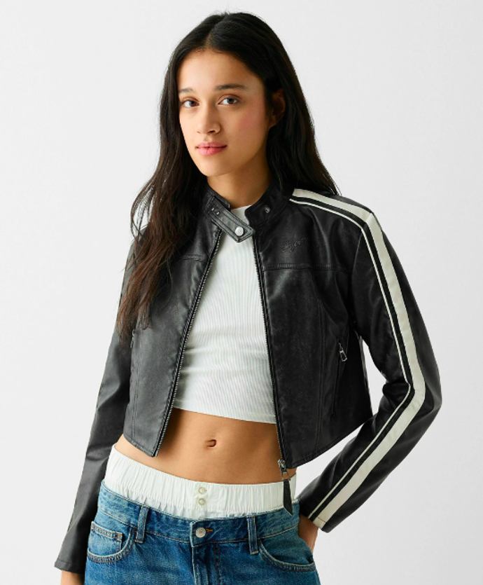 WITH SIDE STRIPES - Bunda z umělé kůže, Bershka, 1199 Kč. 
