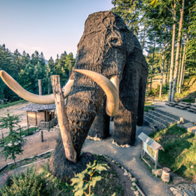 Obří mamut, který slouží i jako obrovská prolézačka se spoustu interaktivních prvků uvnitř. Ven se mohou děti sklouznout velkou skluzavkou.
