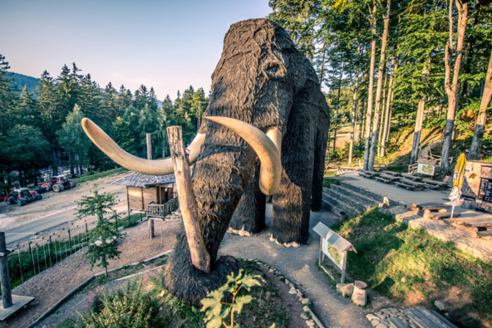 Obří mamut, který slouží i jako obrovská prolézačka se spoustu interaktivních prvků uvnitř. Ven se mohou děti sklouznout velkou skluzavkou.
