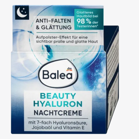 Beauty Hyaluron noční krém, Balea (149 Kč)

Obsahuje kyselinou hyaluronovou, jojobový olej a vitamín E, dodává pokožce intenzivní a dlouhotrvající hydrataci, účinně redukuje vrásky a vyhlazuje pleť. 
