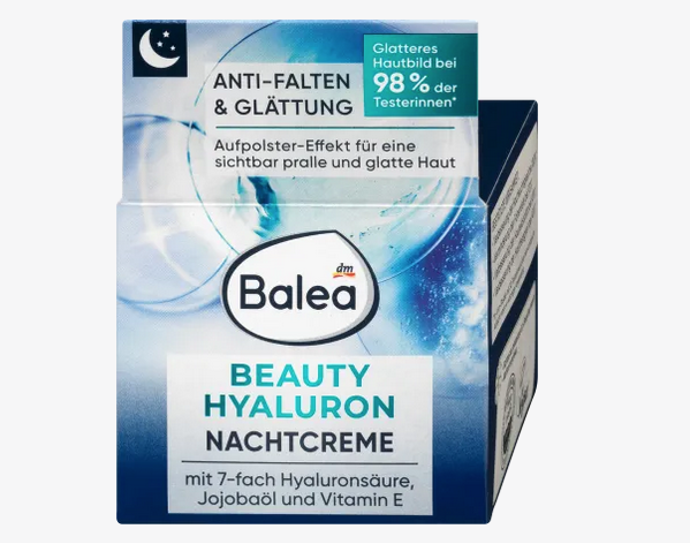 Beauty Hyaluron noční krém, Balea (149 Kč)

Obsahuje kyselinou hyaluronovou, jojobový olej a vitamín E, dodává pokožce intenzivní a dlouhotrvající hydrataci, účinně redukuje vrásky a vyhlazuje pleť. 
