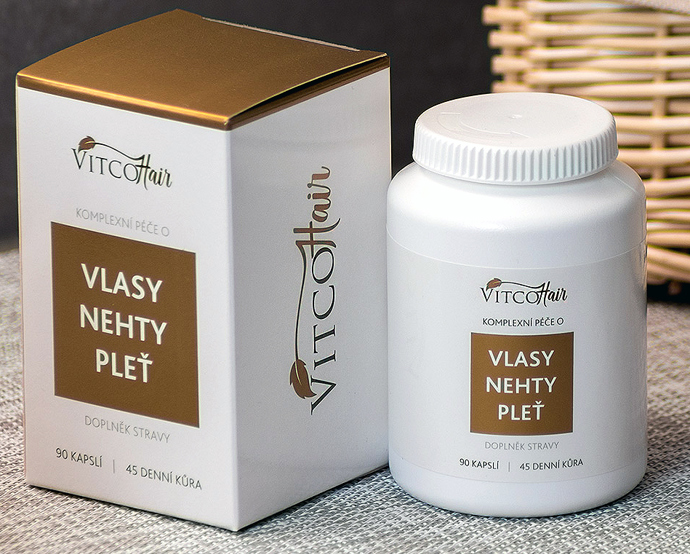 Doplněk stravy pro vlasy, nehty i pleť, VitcoHair, 739 Kč.
Doplněk stravy pro vlasy, nehty i pleť, VitcoHair, 739 Kč.